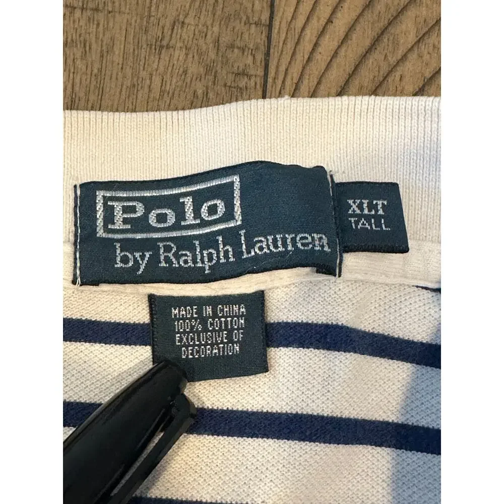 Polo Ralph Lauren Mens XLT Tall White Navy Striped SS Polo Shirt Cotton